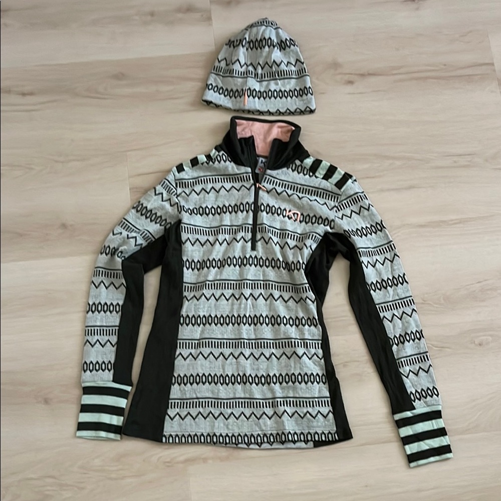 NWT Kari Traa Geometric Patterned Half-Zip Pullover +reversible hat layering set